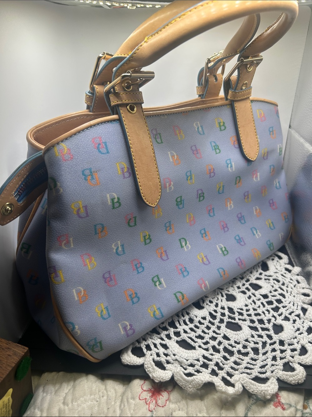 Vintage Dooney & Bourke Lavender Tote with Tan Trim and Multicolor Monogram